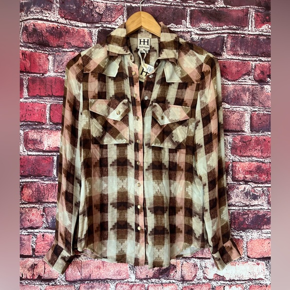 Haute Hippie Tops - NWT Haute Hippie 100% Silk Plaid Western Snap Blouse - Brown/Cream